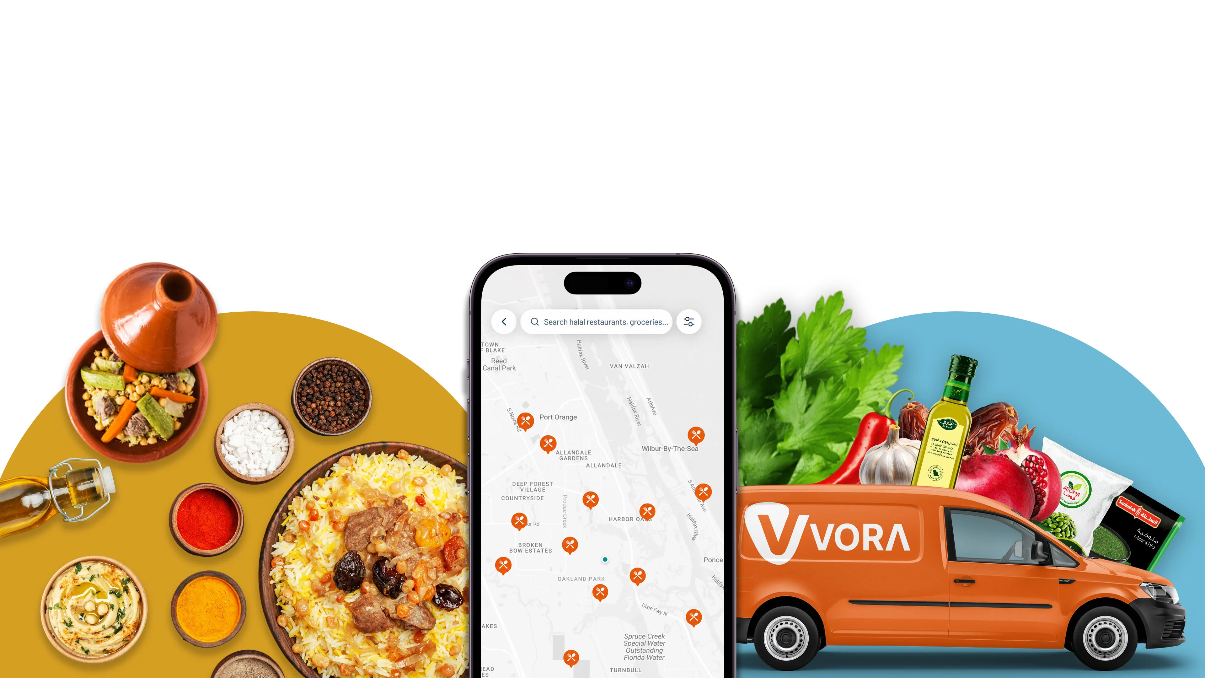 The Authentic Map in the VORA app, surrounded by heritage groceries and a VORA delivery van