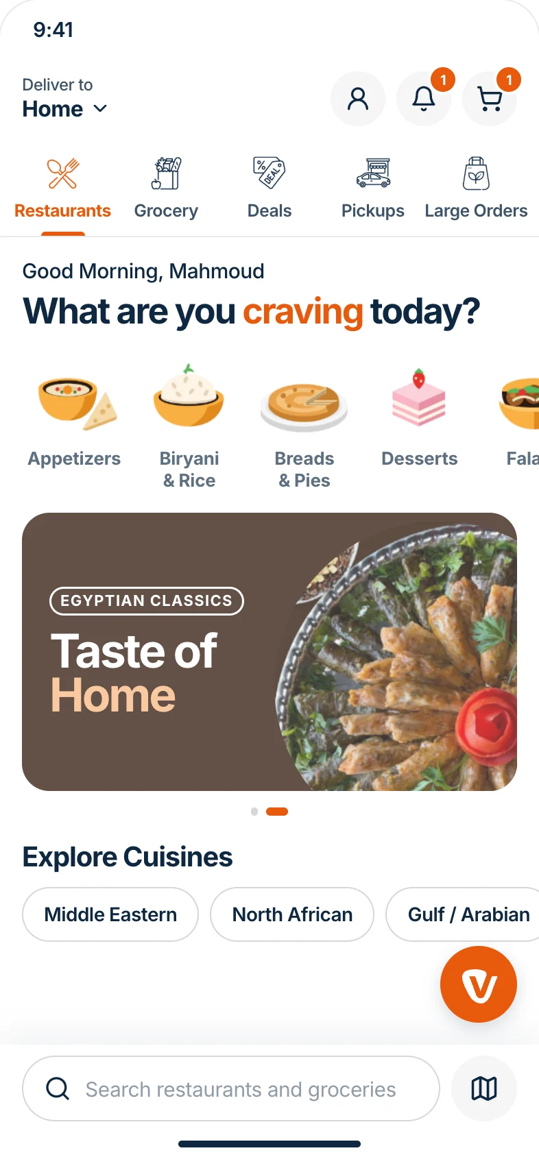 The VORA app home screen with halal restaurants and groceries nearby