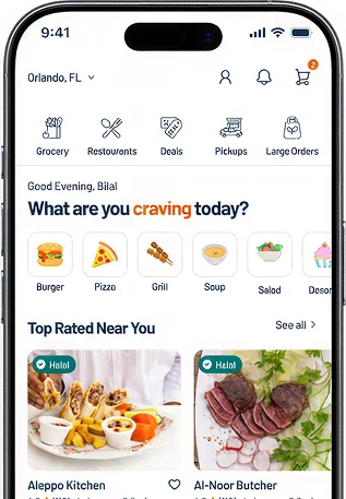The VORA app - home screen with halal restaurants and cravings near you