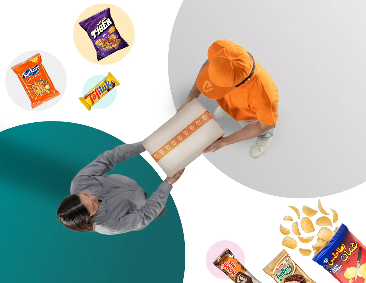 A VORA courier handing a sealed package to a customer, surrounded by heritage snack brands